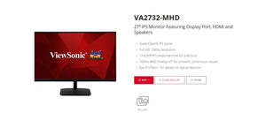 ViewSonic 27” Super Clear IPS, 4ms 100hz, Ultra Slim, FHD, DP, HDMI, VGA, 2x Speakers. VESA 100. 3 YR AR. Office Business Monitor
