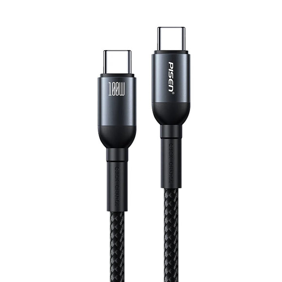 Pisen Braided USB-C to USB-C 100W PD Fast Charge Cable (1M) Black - Bend-Resistant, Samsung Galaxy,Apple iPhone,iPad,MacBook,Google,OPPO,Nokia,Laptop