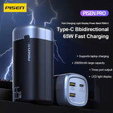 Pisen PRO Triple Port 20k mAh (65W) Laptop Power Bank - Black, 2x USB-A & 1x USB-C, LED Digital Display, Smart Protection Chip, Prevents Overcharge