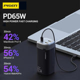 Pisen PRO Triple Port 20k mAh (65W) Laptop Power Bank - Black, 2x USB-A & 1x USB-C, LED Digital Display, Smart Protection Chip, Prevents Overcharge