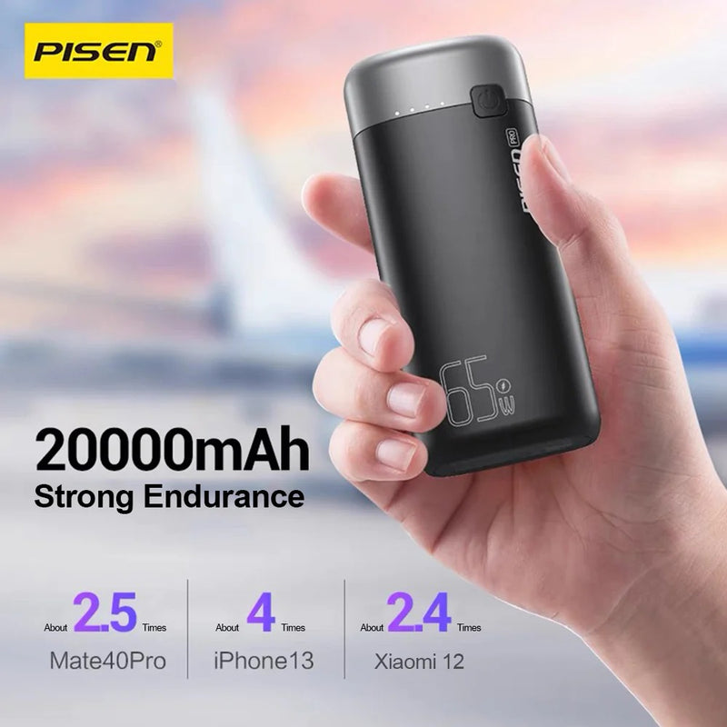 Pisen PRO Triple Port 20k mAh (65W) Laptop Power Bank - Black, 2x USB-A & 1x USB-C, LED Digital Display, Smart Protection Chip, Prevents Overcharge