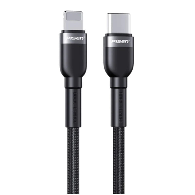 (LS) Pisen Braided Lightning to USB-C PD Fast Charge Cable (2M) Black-Supports 3A,Reinforced Wire Treatment for Damage Resistance,Apple iPhone/iPad