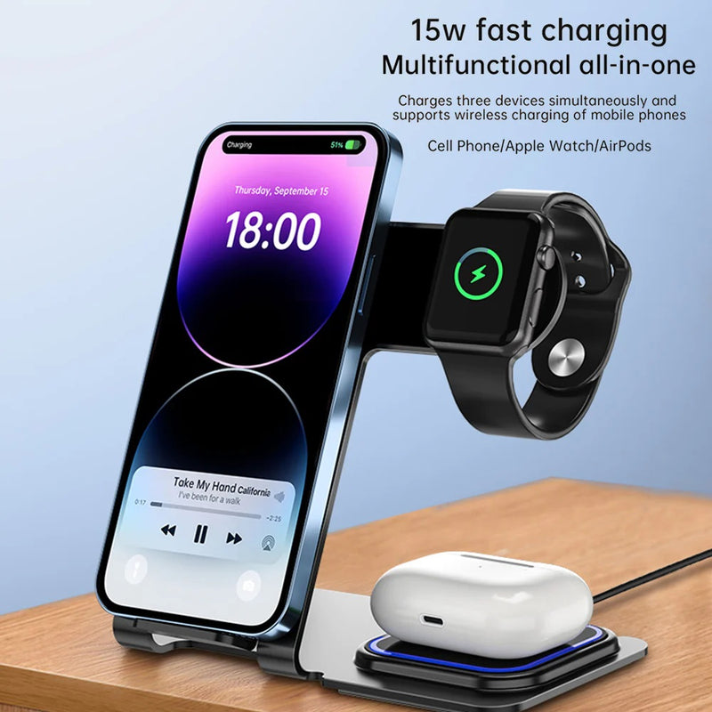 Pisen 3-in-1 Wireless Charging Station 15W Aluminum Alloy - Black, Non-Slip, Save & Faster Charger,Portable,LED Charging Status,Include Charging Cable