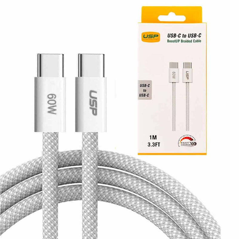 USP USB-C to USB-C PD 60W High Density Braided Fast Charging Cable (1M), 3A Fast & Safe Charge,Strong & Durable, Compatible For iPhone 15 Series