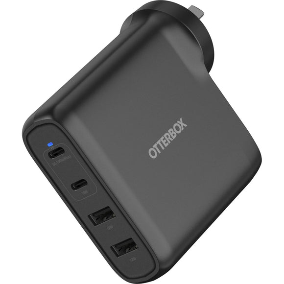 OtterBox 100W Four Port USB-C (Type I) PD Fast GaN Wall Charger - Black (78-81355), Dual USB-C (100W+18W), Dual USB-A (18W), 2 Years Warranty