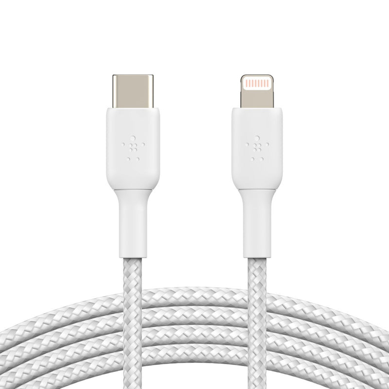 Belkin BoostCharge Braided Lightning to USB-C Cable (1m/3.3ft) - White(CAA004bt1MWH), 480Mbps, 10K+ bend, Apple iPhone / iPad / Macbook, 2YR