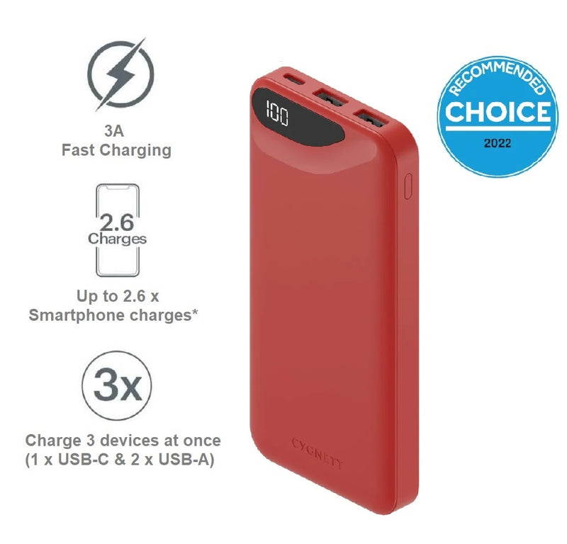 Cygnett ChargeUp Boost 3rd Gen 10K mAh Power Bank -Red(CY4343PBCHE),1x USB-C(15W),2x USB-A(12W),15cm USB-C Cable,Digital Display,Charge 3 Devices