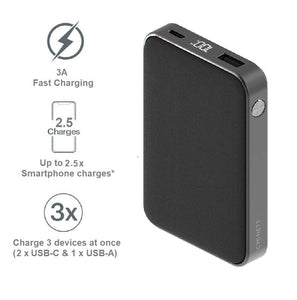 Cygnett ChargeUp Reserve 2nd Gen 10K mAh Power Bank - Black (CY3698PBCHE),Triple Port (Dual USB-C 20W + 18W & 1xUSB-A 18W),Total 20W, 40cm USB-C Cable