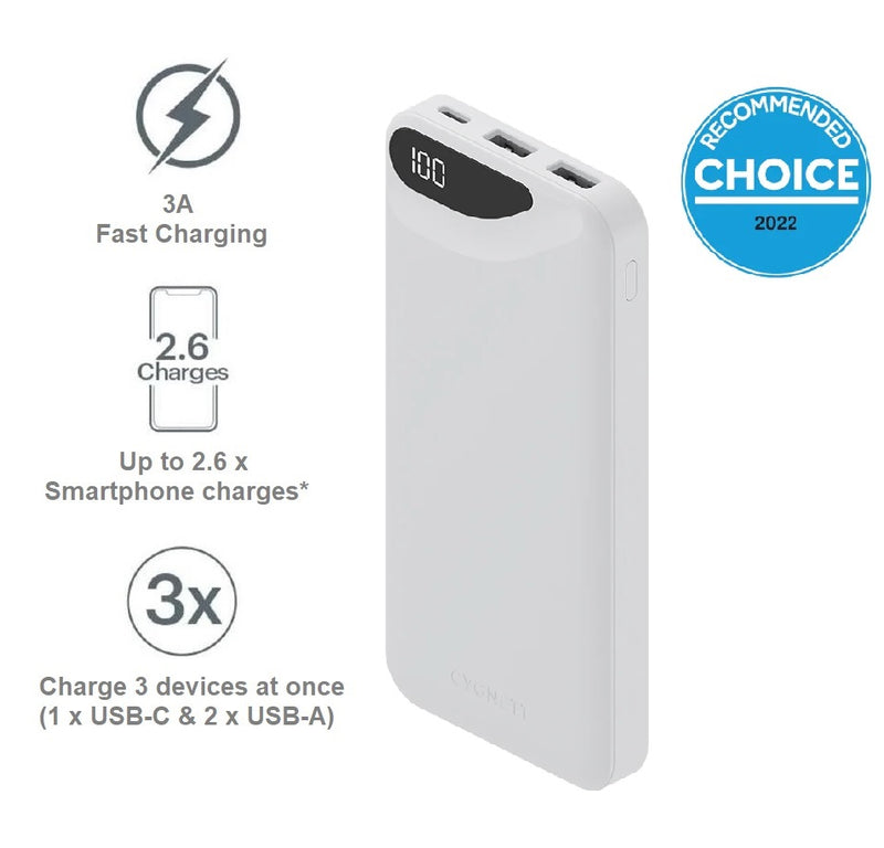 Cygnett ChargeUp Boost 3rd Gen 10K mAh Power Bank - White (CY4344PBCHE), 1x USB-C(15W),2x USB-A(12W),15cm USB-C Cable,Digital Display,Charge 3 Devices