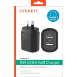 Cygnett PowerPlus 12W Dual Port (2x USB-A 12W) Wall Charger - Black (CY3672PDWLCH), Small, Lightweight & Compact Design, Travel Ready,Charge 2 Devices