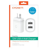 Cygnett PowerPlus 12W Dual Port (2x USB-A 12W) Wall Charger - White (CY3671PDWLCH), Small, Lightweight & Compact Design, Travel Ready,Charge 2 Devices