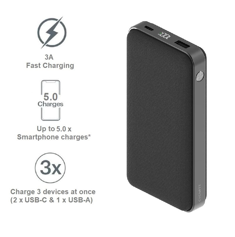 Cygnett ChargeUp Reserve 2nd Gen 20K mAh Power Bank - Black (CY3702PBCHE),Triple Port(1xUSB-C 30W,1xUSB-C 15W,1xUSB-A 18W),Total 30W, 40cm USB-C Cable