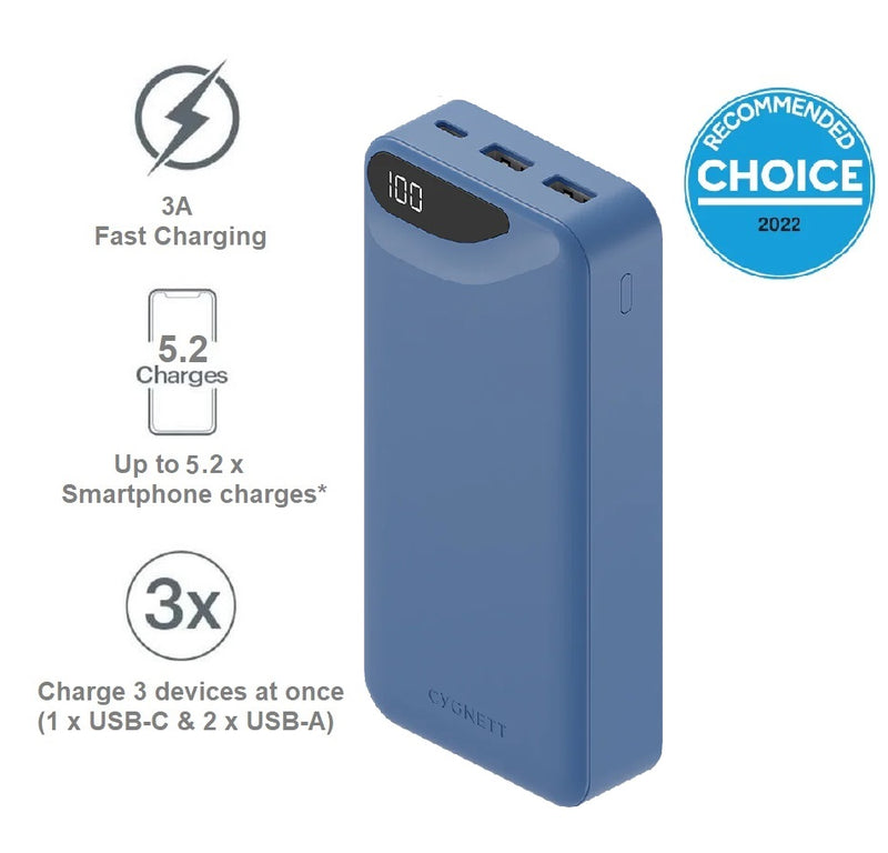 Cygnett ChargeUp Boost 3rd Gen 20K mAh Power Bank -Blue(CY4346PBCHE),1x USB-C(15W),2x USB-A(12W),15cm USB-C Cable,Digital Display,Charge 3 Devices