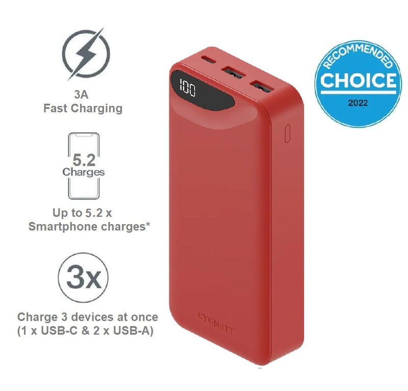 Cygnett ChargeUp Boost 3rd Gen 20K mAh Power Bank - Red (CY4347PBCHE), 1x USB-C(15W),2x USB-A(12W),15cm USB-C Cable,Digital Display,Charge 3 Devices