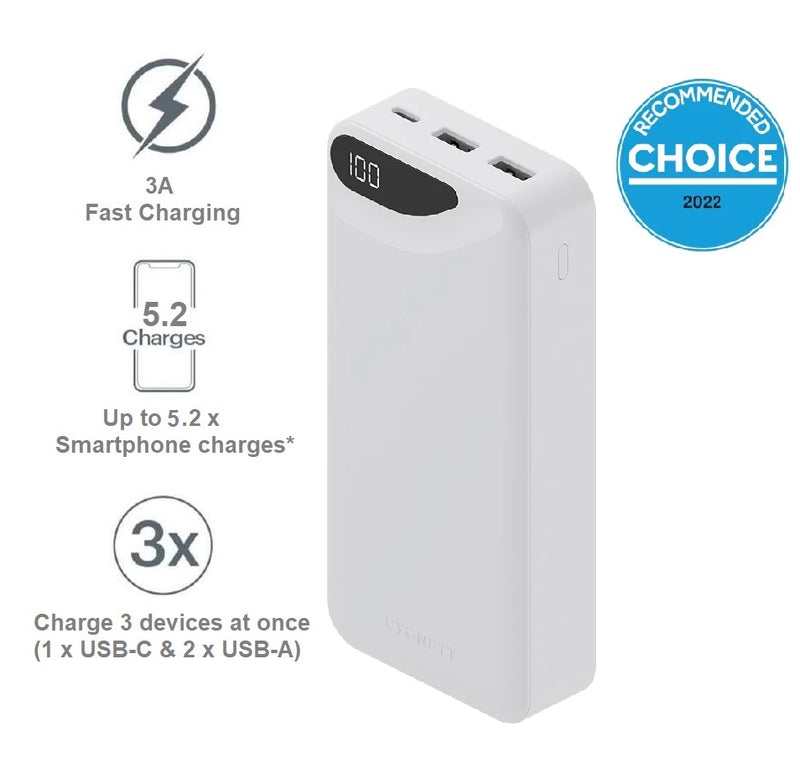 Cygnett ChargeUp Boost 3rd Gen 20K mAh Power Bank - White (CY4348PBCHE), 1x USB-C(15W),2x USB-A(12W),15cm USB-C Cable,Digital Display,Charge 3 Devices