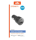 Cygnett CarPower 20W Dual Port Car Charger with 20W USB-C PD + 20W QC 3.0 USB-A - Black (CY3637CYCCH), Charge Two Devices,Fast Charge,Total Output 20W