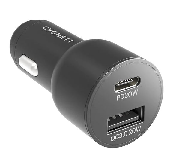 Cygnett CarPower 20W Dual Port Car Charger with 20W USB-C PD + 20W QC 3.0 USB-A - Black (CY3637CYCCH), Charge Two Devices,Fast Charge,Total Output 20W