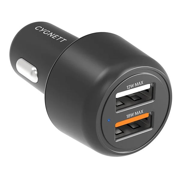 Cygnett CarPower 30W Dual Port Car Charger - Black (CY3680CYCCH), 2xUSB-A(12W & 18W QC 3.0), 3.6x faster than standard 5W, 2 Years Warranty