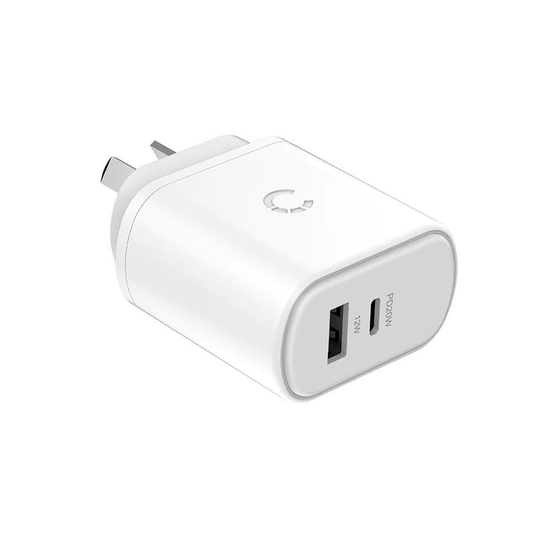 Cygnett PowerPlus 32W USB-C PD Dual Port Wall Charger - White (CY3614POFLW), 1xUSB-C PD (20W),1xUSB-A(12W), Small, Lightweight and Travel Ready