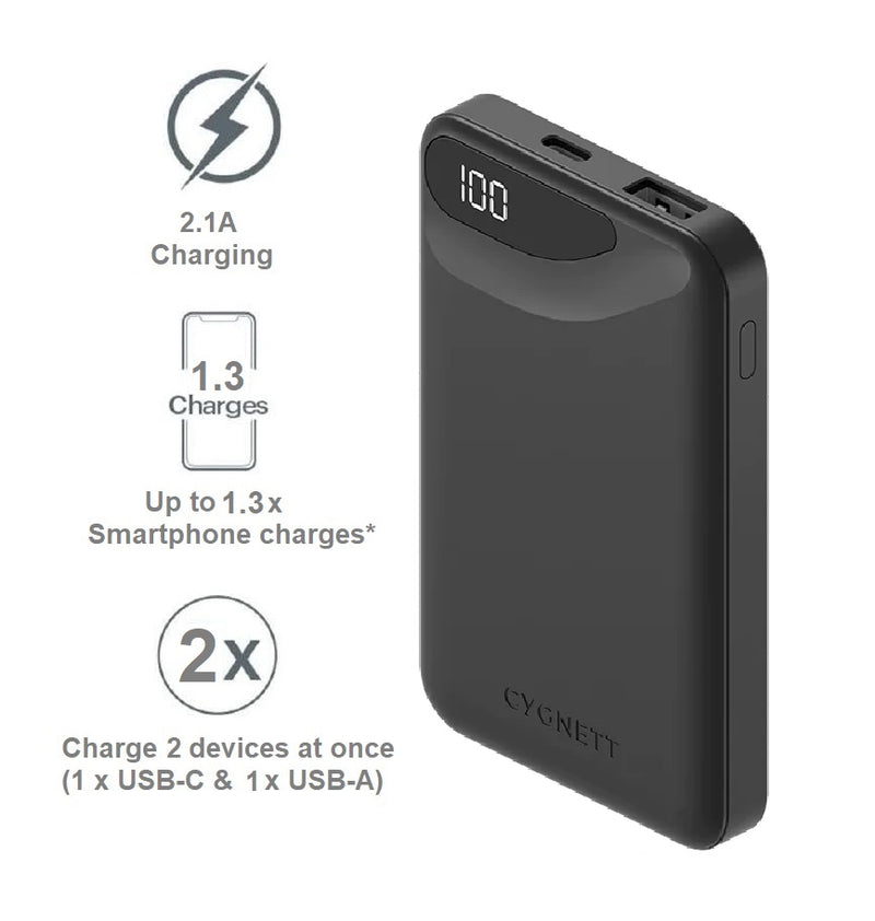 Cygnett ChargeUp Boost 3rd Gen 5K mAh Power Bank - Black (CY4340PBCHE),1xUSB-C(10.5W),1xUSB-A(10.5W),15cm USB-C Cable,Digital Display,Charge 2 Devices