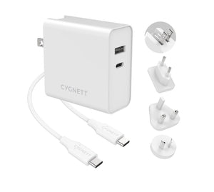 (LS) Cygnett PowerPlus 60W Dual Port Fast Wall Charger (USB-A & USB-C PD) + USB-C Cable(1.5M) + Travel Adapters - White(CY3090POPLU), Best for Laptop