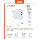 (LS) Cygnett PowerPlus 60W Dual Port Fast Wall Charger (USB-A & USB-C PD) + USB-C Cable(1.5M) + Travel Adapters - White(CY3090POPLU), Best for Laptop