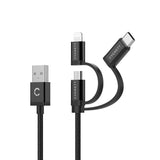 Cygnett Essentials 3-in-1 (USB-A to Lightning + USB-C + Micro-USB) Cable (1M)-Black (CY3571COCAB), Samsung Galaxy,Apple iPhone,iPad,MacBook,2 Yr. WTY.