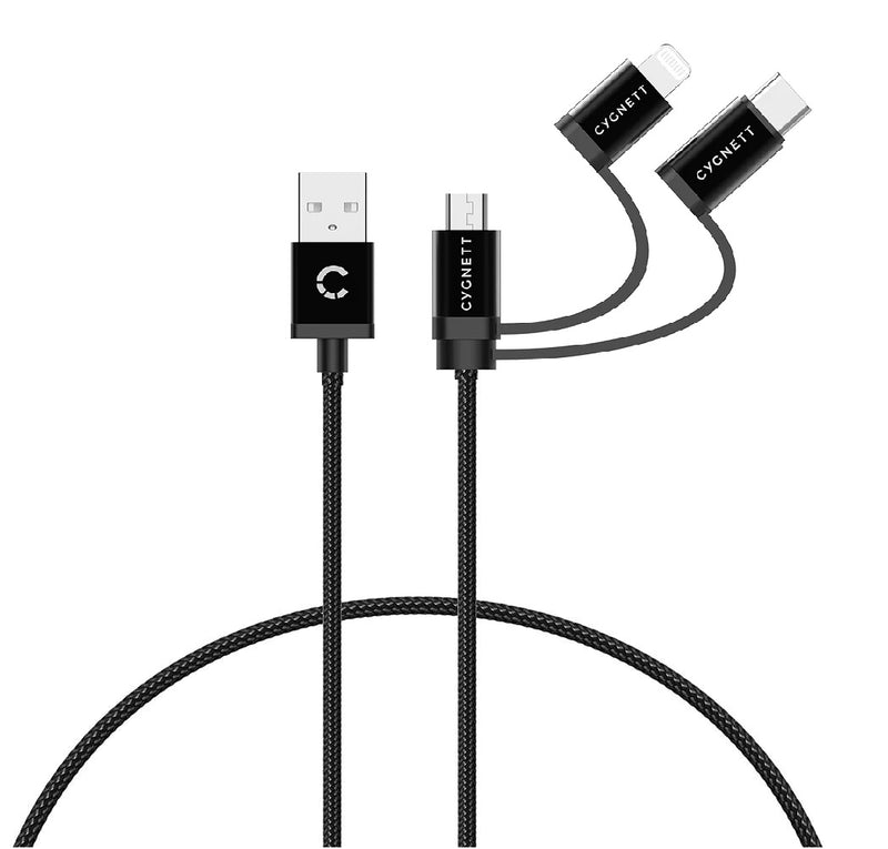 Cygnett Essentials 3-in-1 (USB-A to Lightning + USB-C + Micro-USB) Cable (1M)-Black (CY3571COCAB), Samsung Galaxy,Apple iPhone,iPad,MacBook,2 Yr. WTY.