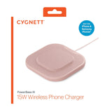 Cygnett PowerBase III 15W Fast Wireless Desk Charger - Pink (CY4061PPWIR), Qi Compatible,Compact,2M USB-C Cable,Case upto 3mm,Raised Charging Surface