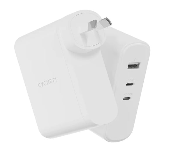 Cygnett PowerMaxx 100W Multiport GaN Wall Charger - White (CY4373PDWCH), 1xUSB-A (18W),2xUSB-C PD (100W), Charge 3 Devices, Best for Laptop