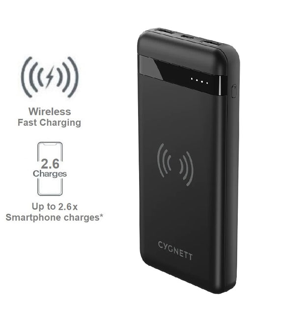 Cygnett ChargeUp Swift 10K mAh Wireless Power Bank - Black (CY4432PBCHE), 1x USB-C(20W),2x USB-A (18W),Wireless (10W),Micro-USB Cable,Total Output 15W