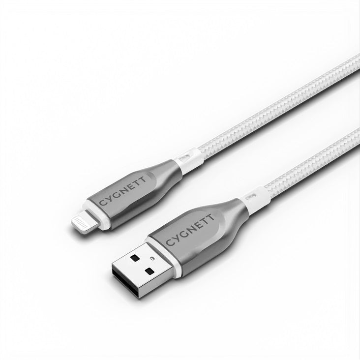 Cygnett Armoured Lightning to USB-A (2.0) Cable (1M) - White (CY4659PCCAL), 2.5A/12W,Braided,480Mbps Transfer,Fast Charge iPhone/iPad,MFi,5 Yr. WTY.