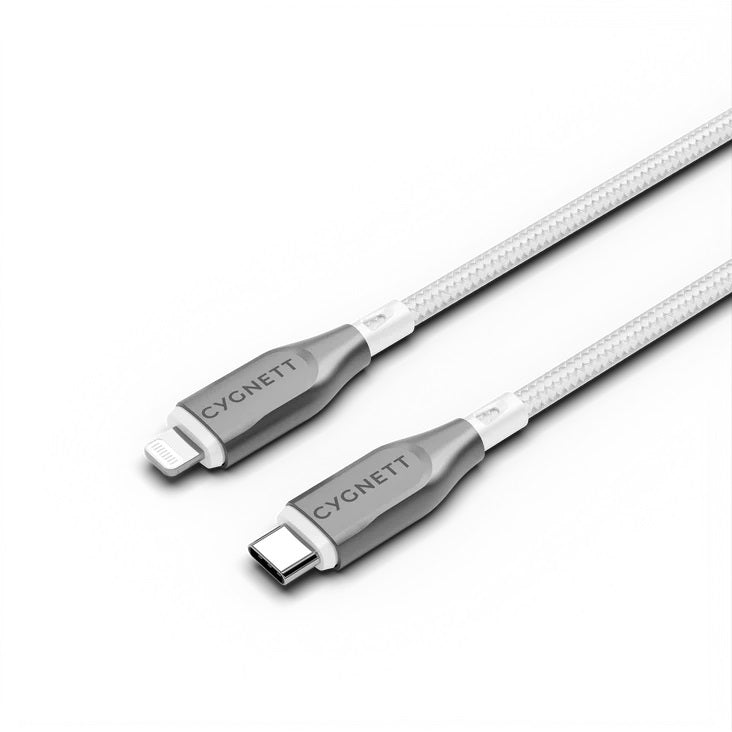 Cygnett Armoured Lightning to USB-C (2.0) Cable (1M) - White (CY4668PCCCL), 30W, Braided, 480Mbps Transfer, Fast Charge iPhone/iPad, MFi, 5 Yr. WTY.
