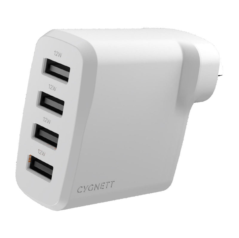 Cygnett PowerPlus 24W Multi Port USB-A Wall Charger - White (CY4768PDWCH), 4xUSB-A (12W), Compact, Lightweight, Charge your Devices Quickly, 24W Max