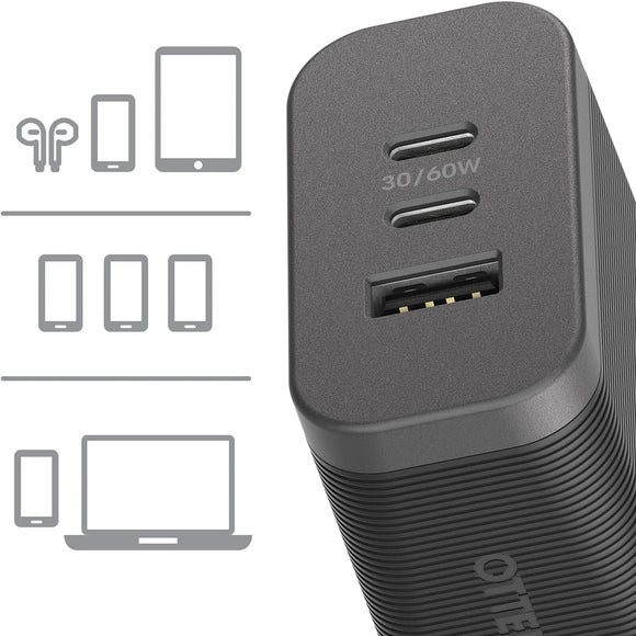 OtterBox 72W Triple Port Premium Pro PD Fast GaN Wall Charger - Black (78-81038), 1x USB-A (12W), 2x USB-C 30W (60W Shared), PPS, 2 Years Warranty