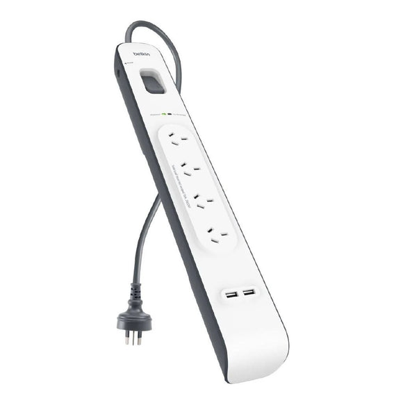 Belkin BSV401 4-Outlet 2-Meter Surge Protection Strip with two 2.4 amp USB charging ports, Complete Three-line AC protection, CEW $20,000, Power Board