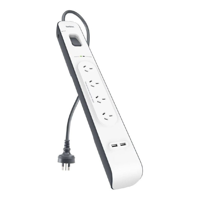 Belkin BSV401 4-Outlet 2-Meter Surge Protection Strip with two 2.4 amp USB charging ports, Complete Three-line AC protection, CEW $20,000, Power Board