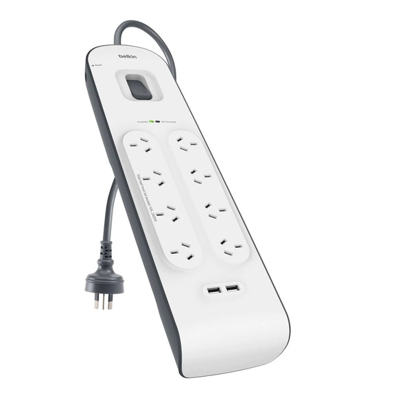 Belkin BSV804 8-Outlet 2-Meter Surge Protection Strip with two 2.4 amp USB charging ports, Complete Three-line AC protection, CEW $50,000, Power Board