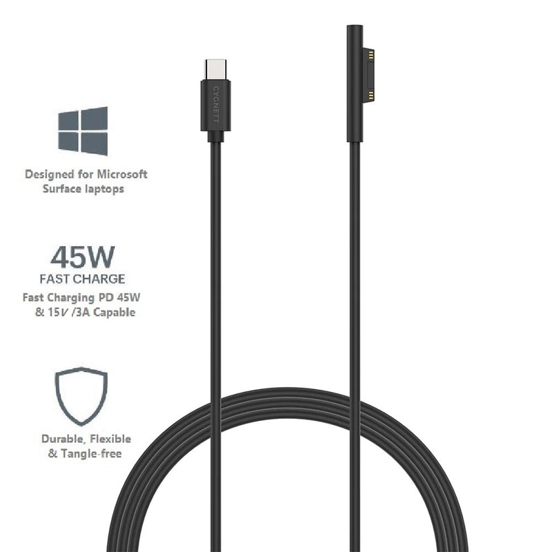 Cygnett Essentials USB-C To Microsoft Surface Laptop Cable (1M) - Black (CY3034USCMS), 45W Fast Charging, Magnetic Connection, Quick & Safe, 2 Yrs