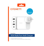 Cygnett PowerPlus 45W Multiport Wall Charger AU - White (CY3675PDWLCH),2xUSB-C PD (45W),2xUSB-A (20W),Fast Charger, Charge 4x devices, Laptop Charger