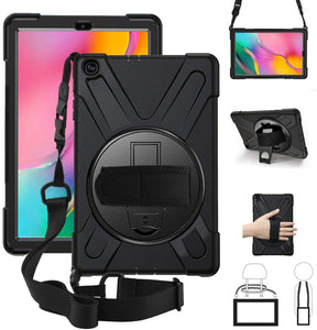 Generic Samsung Galaxy Tab A7 10.4 inch T500 Survivo Strap Case - Black (100932), Shockproof, Dustproof, 360 Rotatable Hand Strap, 3 Layers Heavy Duty