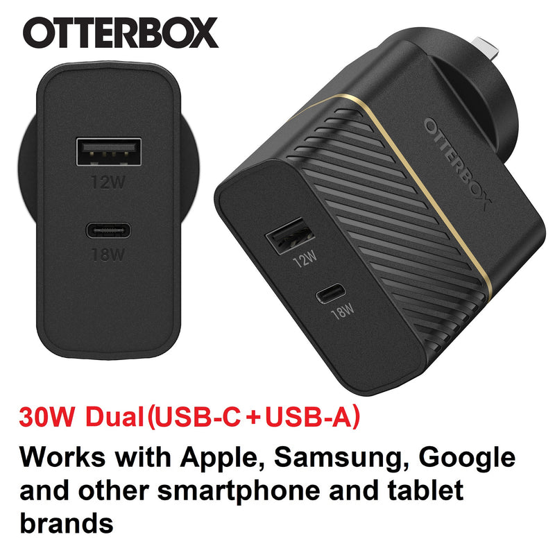 OtterBox 30W Dual Port Premium PD Fast Wall Charger - Black (78-80029),1x USB-A (12W), 1x USB-C (18W),Compact, Travel-Ready, 2 Years Warranty