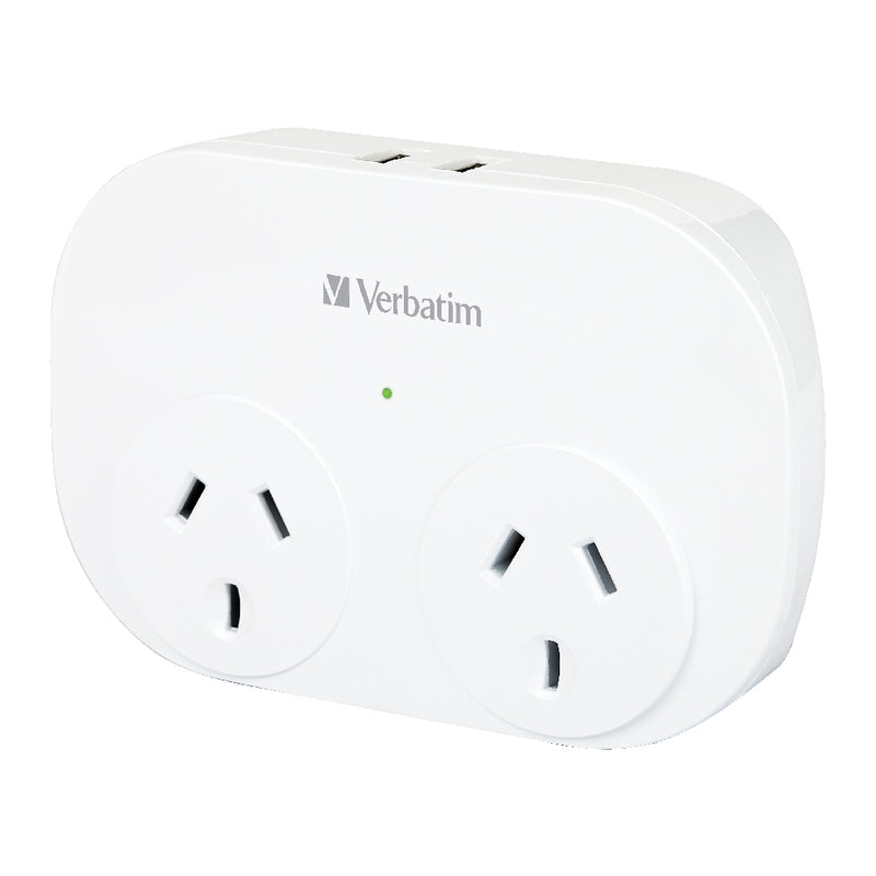 Verbatim Dual USB Surge Protected with Double Adaptor - White 2x USB Charger Outlet, Charge Phone and Tablet, Surge Protection, 2.4A Current Power(LS)