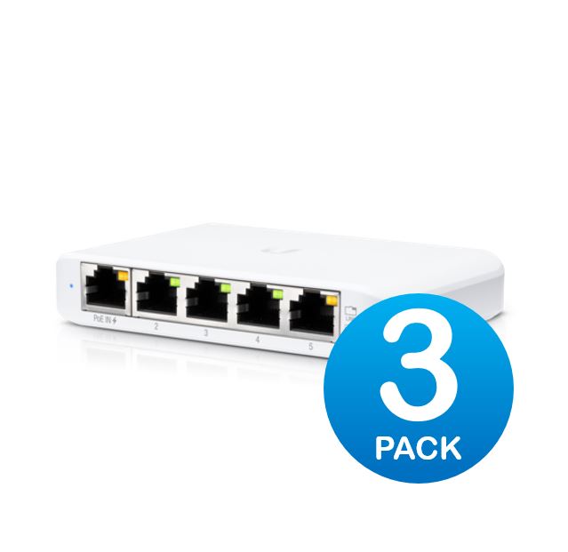 Ubiquiti USW Flex Mini 3 Pack - Managed, *No PSU/Cable*, UniFi, Layer 2 Gigabit Switch, 5x GbE RJ45 Ports, PoE (802.3af) or USB Type-C 5V 1A, 2Yr Warr