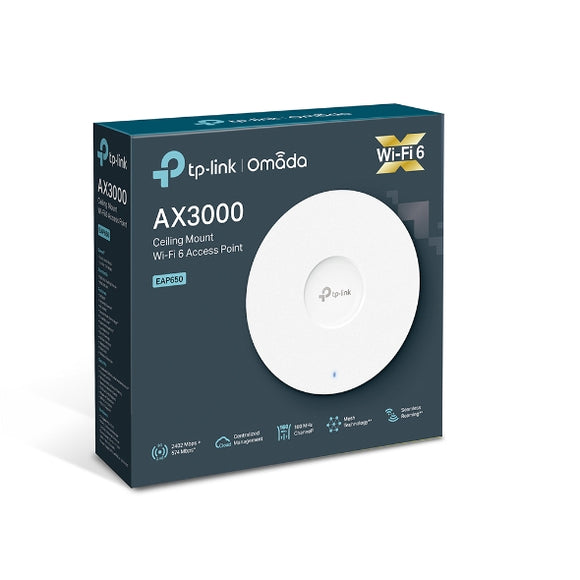 TP-Link EAP650 Omada AX3000 Ceiling Mount WiFi 6 Access Point, 574 Mbps 2.4 GHz/2402 Mbps 5 GHz, Gigabit Ethernet (RJ-45) Port