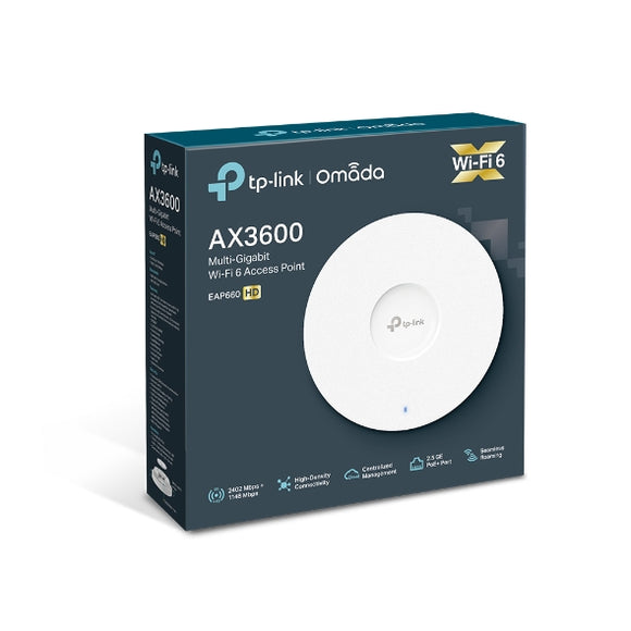 TP-Link EAP660 HD Omada AX3600 Wireless Dual Band Multi-Gigabit Ceiling Mount Access Point, 2402Mbps @ 5GHz  POE+, SNMP, MU-MIMO, QoS, Mountable