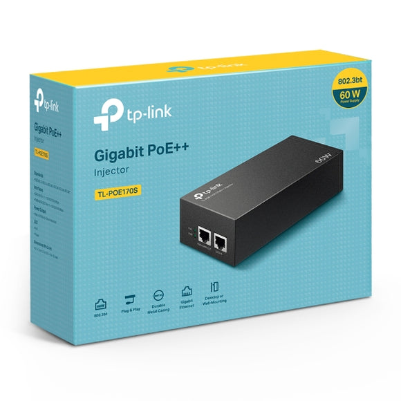 TP-Link TL-POE170S Omada PoE++ Injector, 2 Gigabit Ports, 802.3af/at/bt, Integrated Power Supply, Wall Mountable, Plug & Play