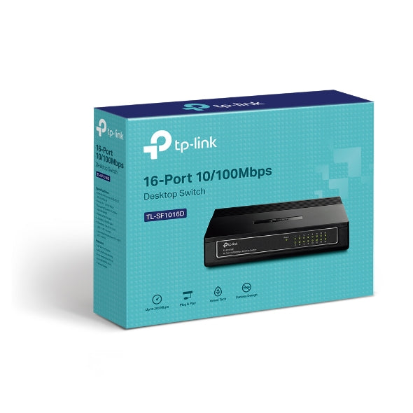 TP-Link TL-SF1016D 16-Port 10/100Mbps Desktop Switch or wall-mounting design Plug and play 3.2Gbps Switching Capacity Auto-MDI/MDIX Supports MAC