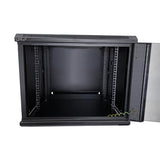 LDR Assembled 9U Hinged Wall Mount Cabinet (600mm x 550mm) Glass Door - Black Metal Construction - Top Fan Vents - Side Access Panels