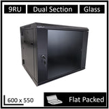 LDR Flat Packed 9U Hinged Wall Mount Cabinet (600mm x 550mm) Glass Door - Black Metal Construction - Top Fan Vents - Side Access Panels